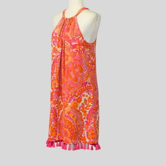 TRINA TURK Women's Peony Lined Tassel Trim Shift %100 Silk Dress Size 12 - Picture 3 of 11